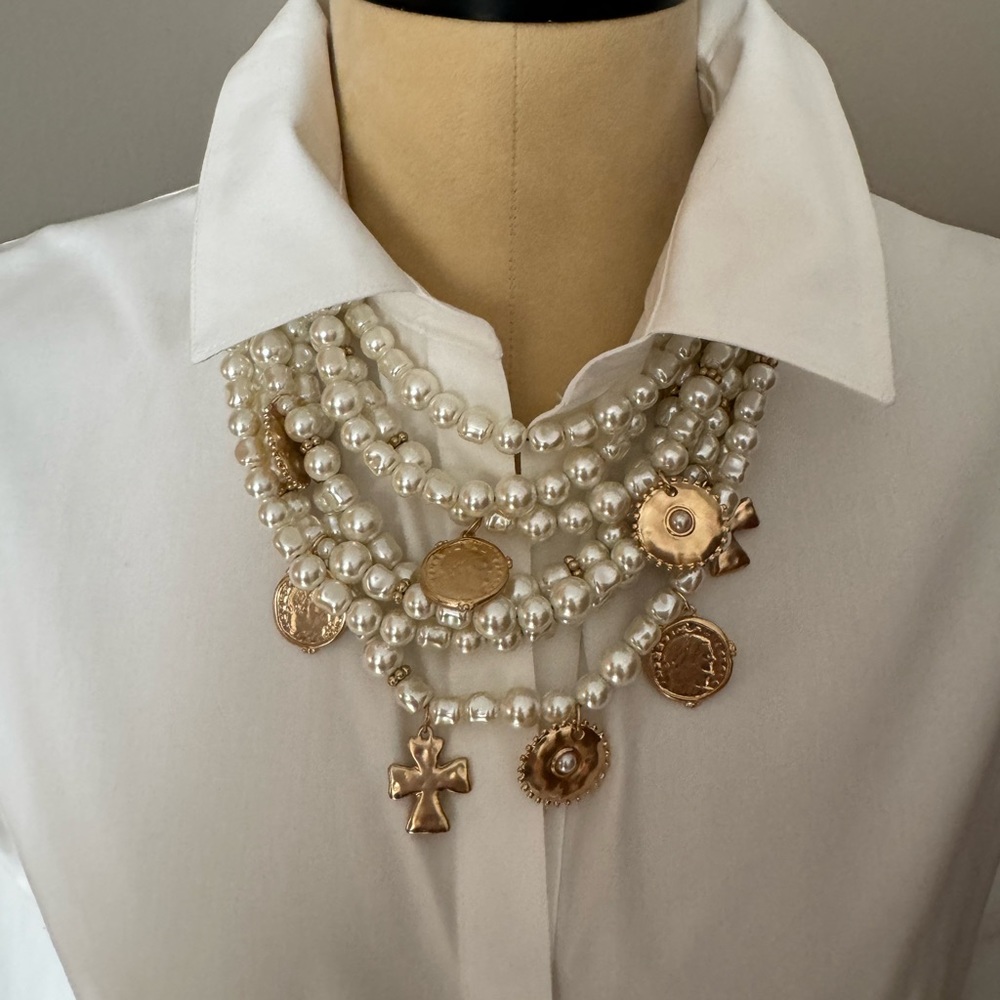 Chico’s statement multi strand necklace. Faux pearls and coins. NWT